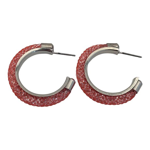 New Boutique Earrings Silver Tone Hoop Red Mesh Crystals Dust 13H - Picture 3 of 4
